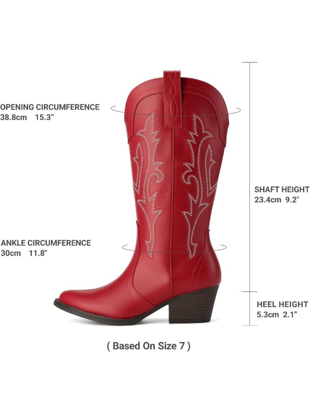 Women's Red Faux Leather Embroidered Pointed Toe Low Heel Western Cowgirl Boots - Picture 4 of 7